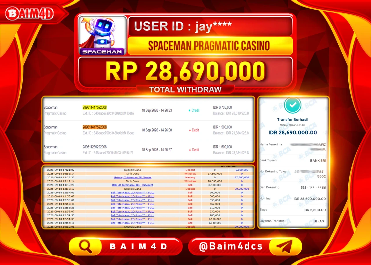BAIM4D JACKPOT SLOT SPACEMAN PRAGMATIC Rp.28,690,000 - LUNAS