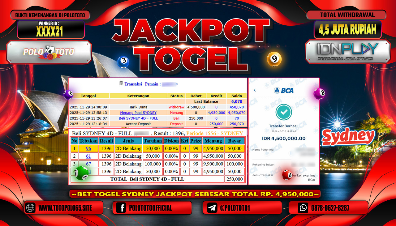 POLOTOTO JACKPOT TOGEL MENANG POOL SYDNEY Rp.4.500.000,- LUNAS