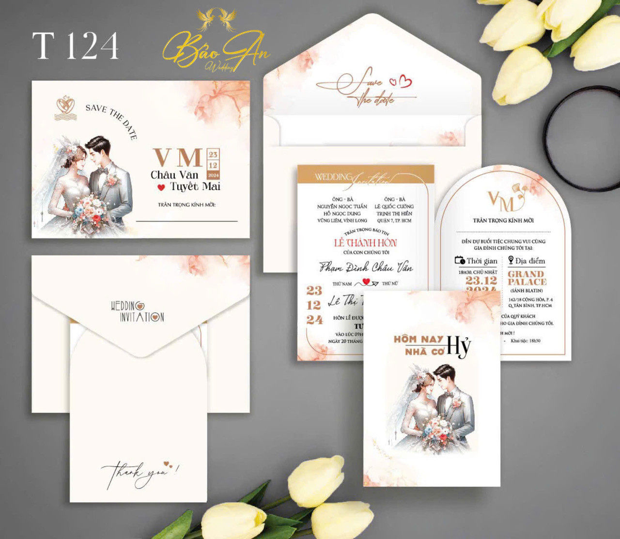 Thiệp chibi tone kem ảnh cưới (T124)