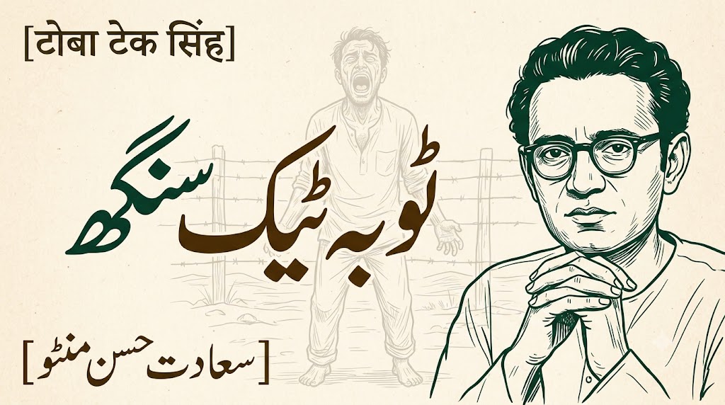 AI-generated example result for the youtube-thumbnail prompt: Toba Tek Singh Thumbnail – Vintage Urdu Literature Line-Art Design AI YouTube Thumbnail Prompt