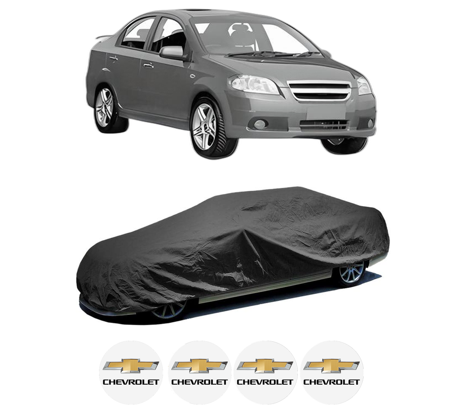 Husa tip prelata auto pentru CHEVROLET AVEO / KALOS Saloon (T250, T255) din 2005-2013, Culoare Negru, material textil impermeabil, rezistanta la intemperii praf UV, CARPASSION Husa Protectie, 4 Stickere auto cu CHEVROLET