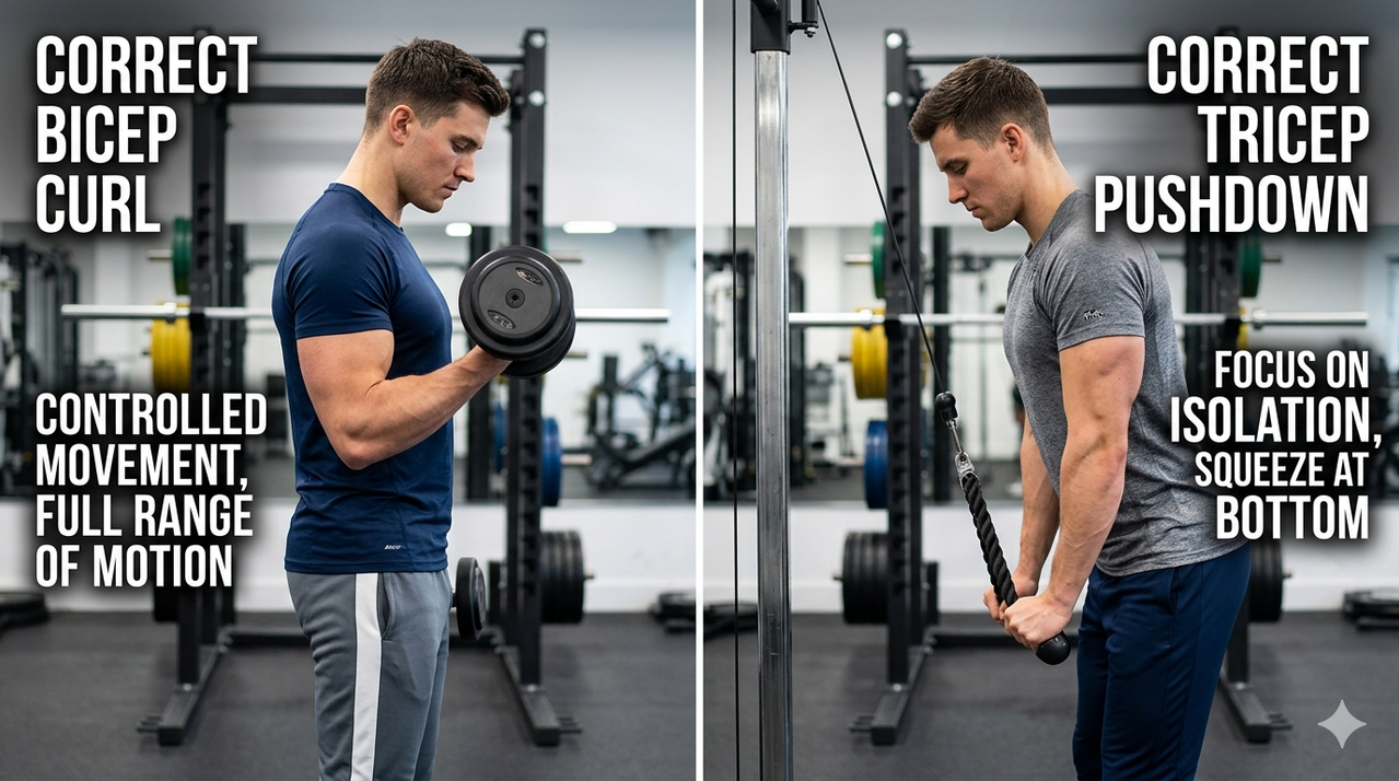 Person performing bicep curl and tricep pushdown, showing how to train muscle groups correctly for arms
