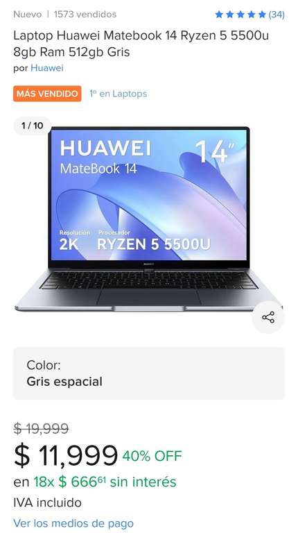 Mercado Libre: Huawei matebook 14 pantalla 2k 
