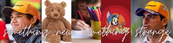 Six images to make a fic banner. 2019 Lando Norris in McLaren teamwear. A light brown teddy bear. A child colouring in. Tom and Jerry kids cartoon. 2019 Carlos Sainz in McLaren team wear.