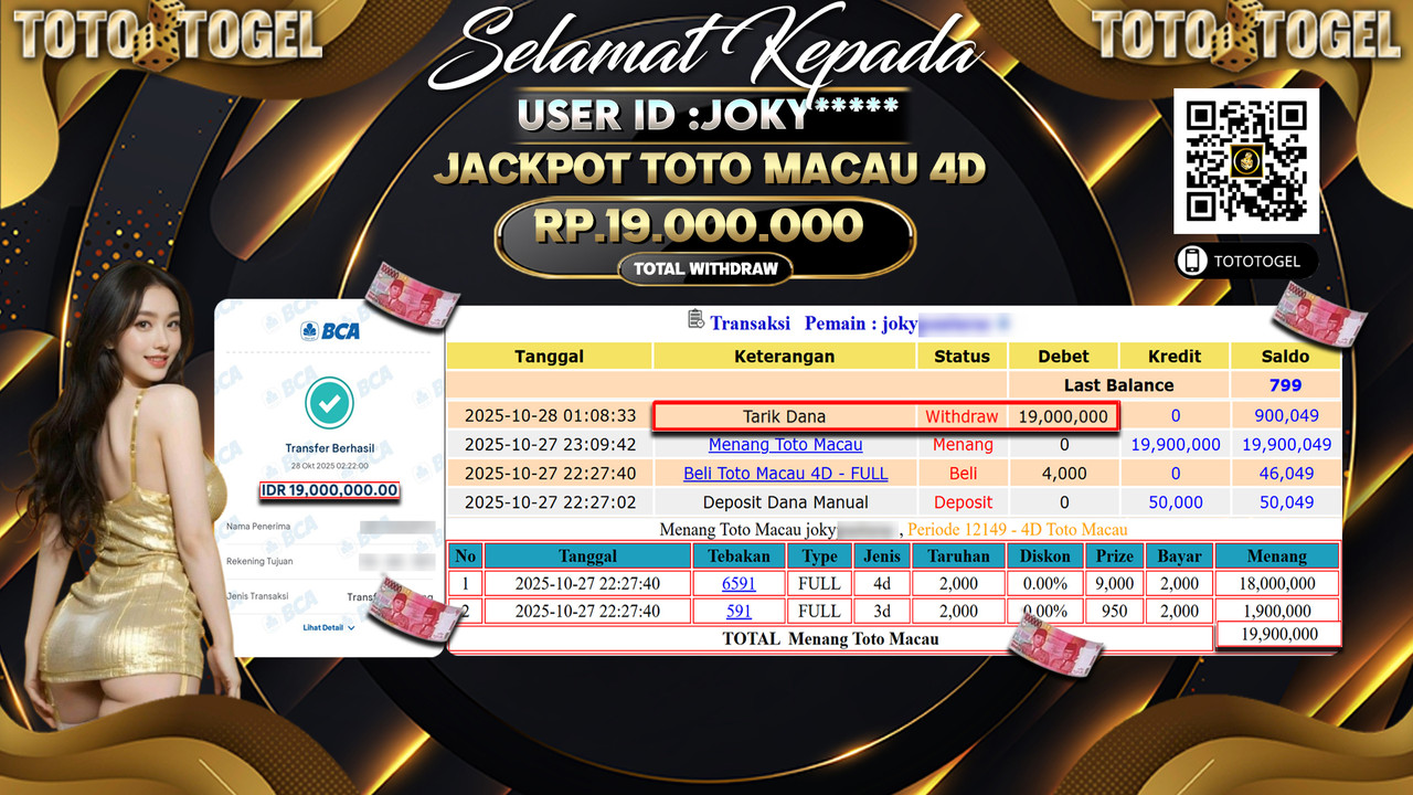 Bukti Pembayaran Jackpot Permainan Togel Toto Macau 4D ID:JOKY**** LUNAS