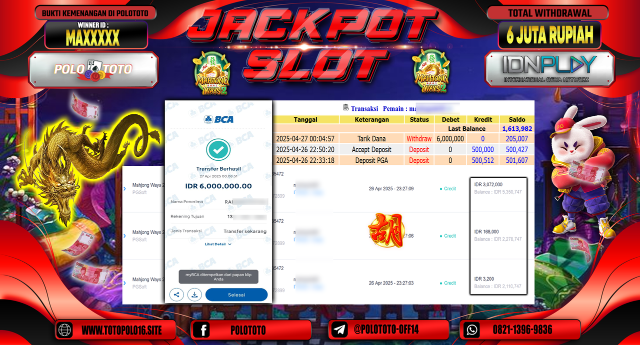 POLOTOTO JACKPOT SLOT MAHJONG WAYS 2 Rp.6.000.000,-