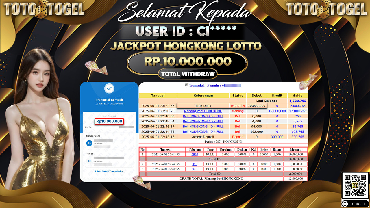 Bukti Pembayaran Jackpot Permainan Togel Hongkong Lotto ID:CI***** LUNAS
