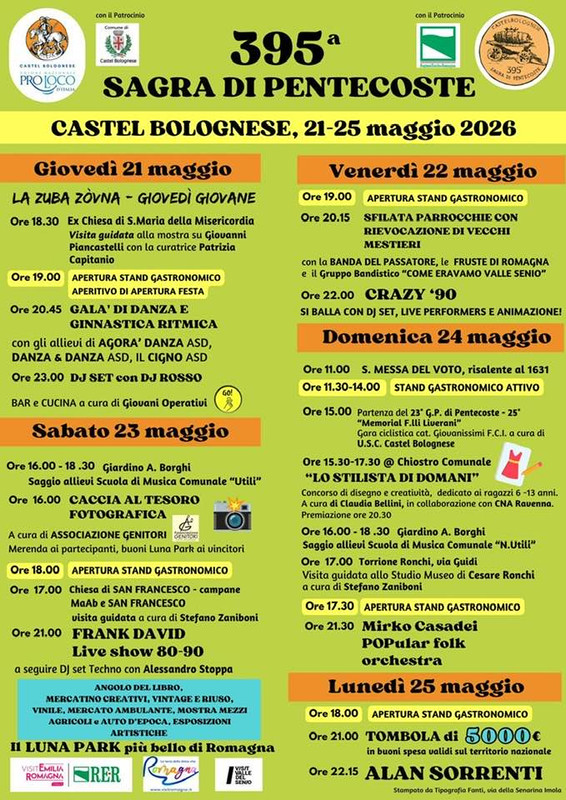 La Sagra di Pentecoste di Castel Bolognese taglia il traguardo delle 395 edizioni: dal 21 al 25 maggio cinque giorni tra tradizione, spettacoli e grandi eventi