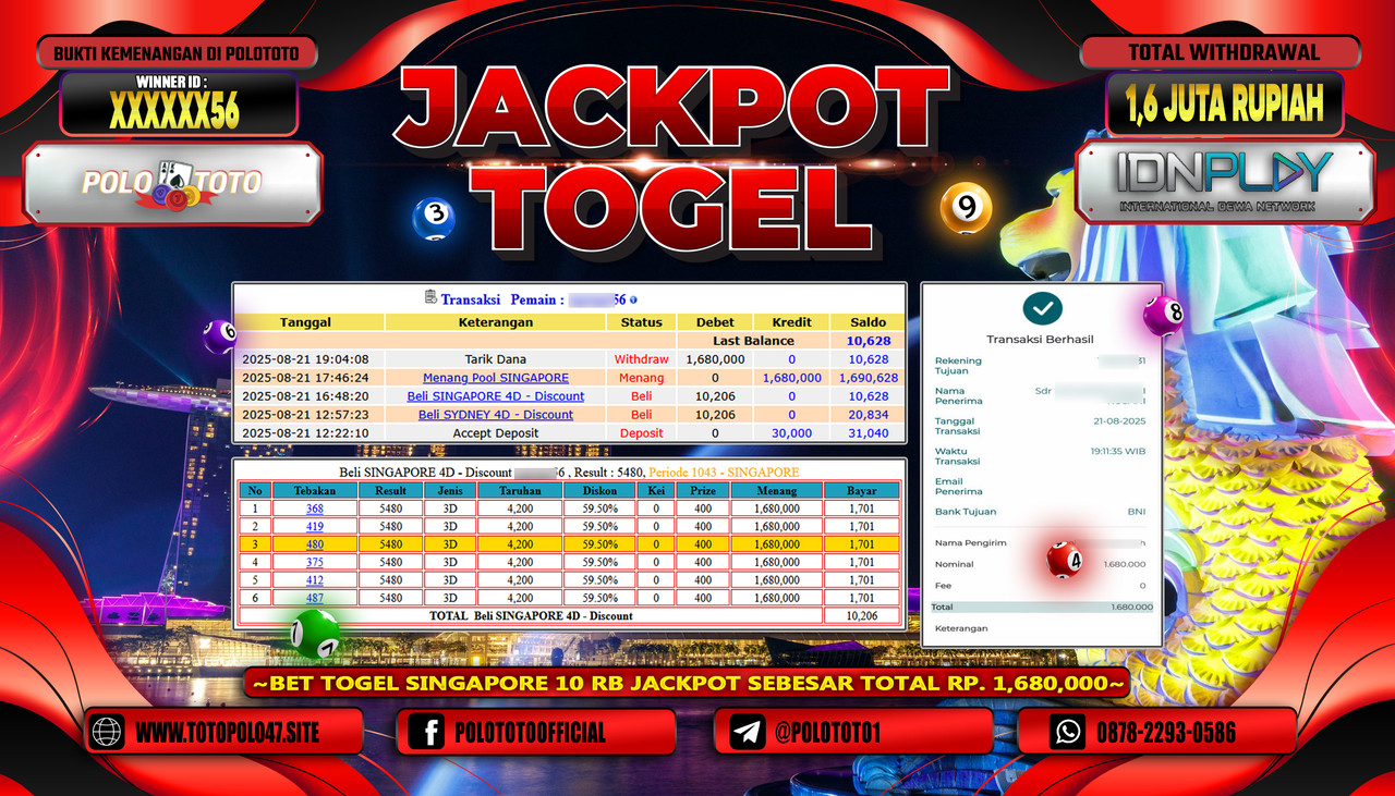 POLOTOTO JACKPOT TOGEL POOL SINGAPORE Rp.1.600.000,- LUNAS