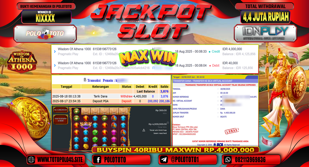 POLOTOTO JACKPOT SLOT WISDOM OF ATHENA 1000 Rp.4.405.000,-