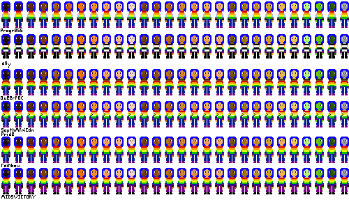 a row of people with pride flag shirts and dark indigo hair