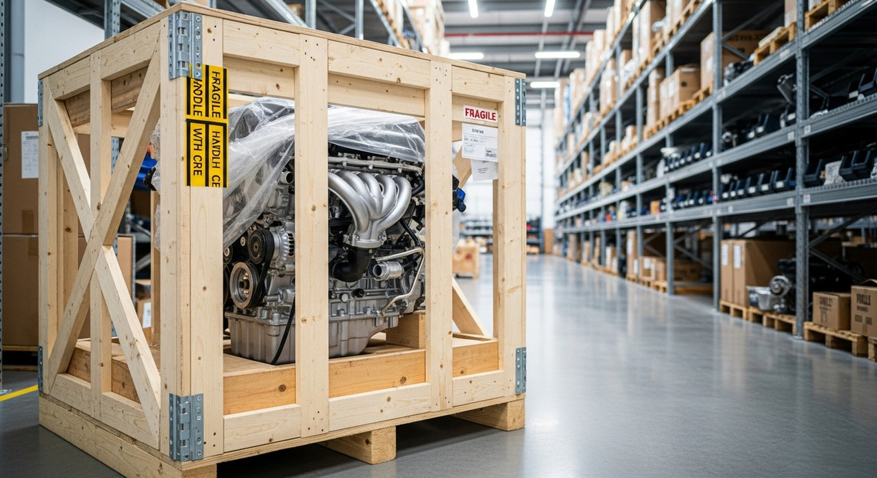 Двигатель в защитной деревянной обрешетке на складе для безопасной транспортировки заказчику без повреждений