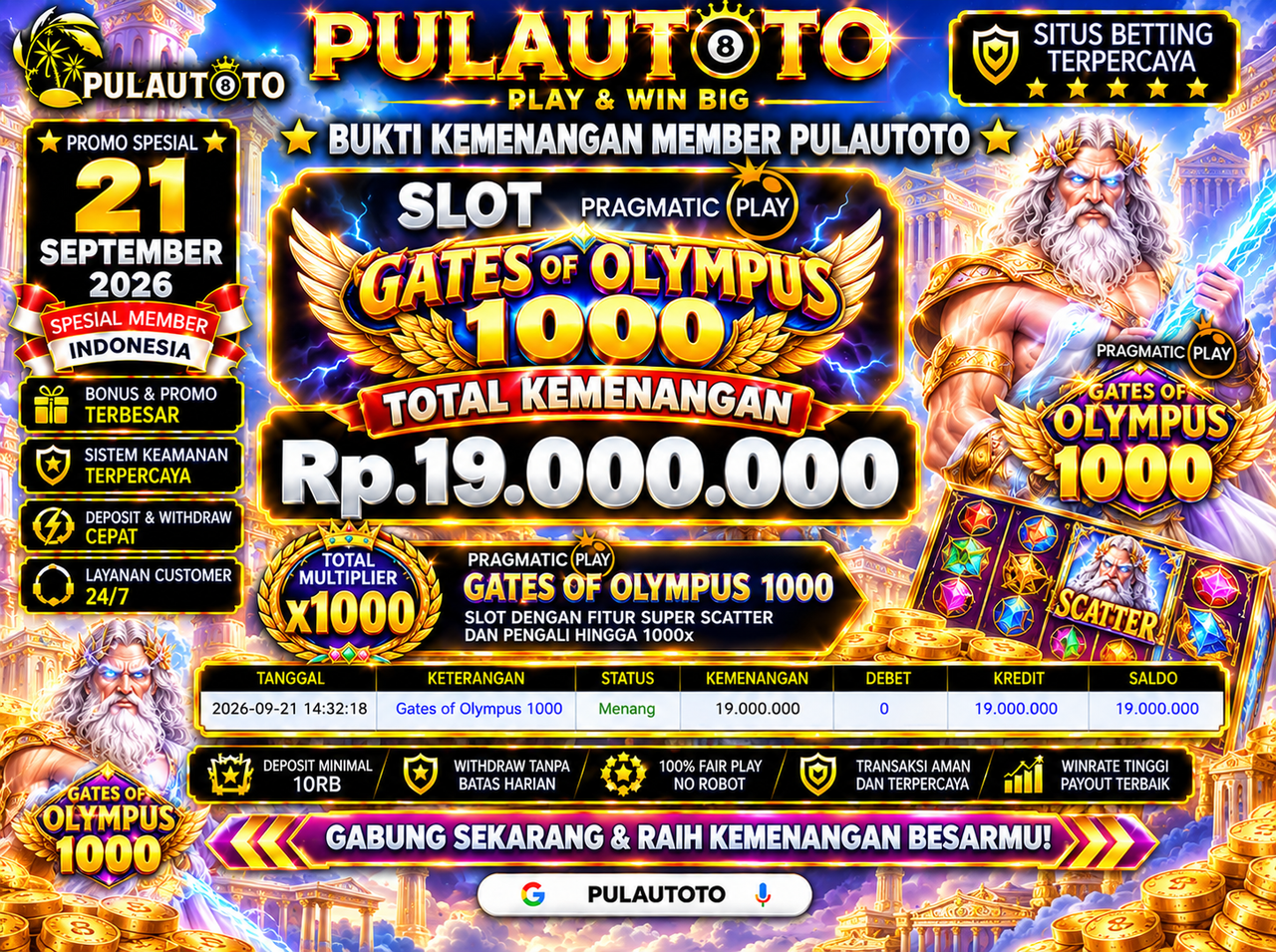 🏆BUKTI KEMENANGAN MEMBER PULAUTOTO KEMENANGAN SLOT GATES OF OLYMPUS 1000 🏆