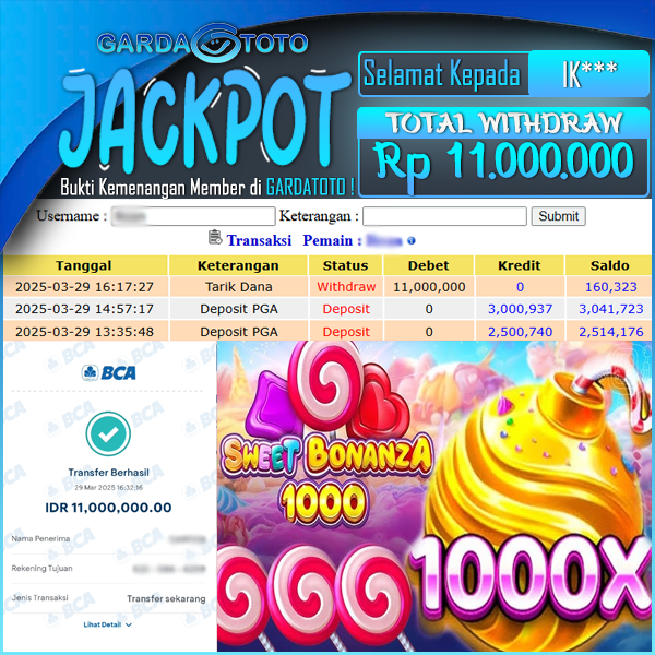 JACKPOT SLOT MAIN DI SLOT SWEET BONANZA 1000 WD Rp 11.000.000,- DIBAYAR LUNAS GARDATOTO MANTAP !