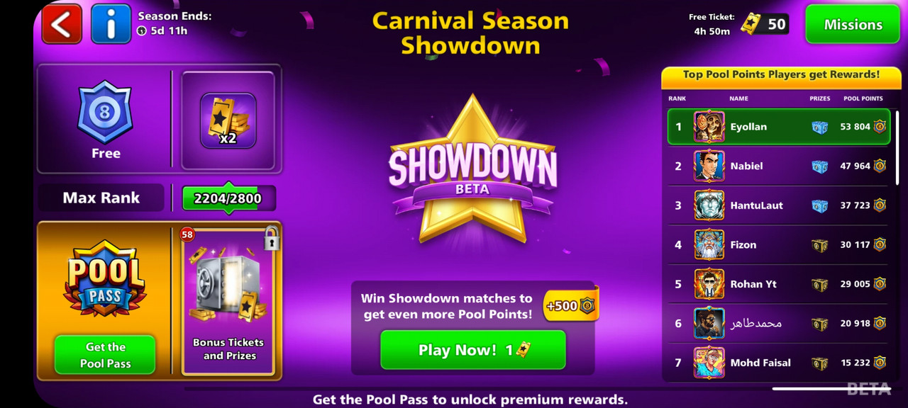 8 ball pool Showdown Beta 😍 Free Ticket 60K Point Pool Pass