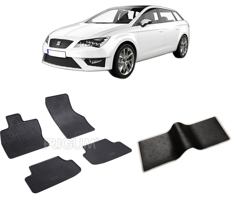Set covorase auto SEAT LEON III 5F din 11.2012-02.2020, cu covoras tunel median, CAROSERIE COMBI, Presuri cauciuc 100%, compatibil cu autoturismul SEAT LEON III 5F, Rigum