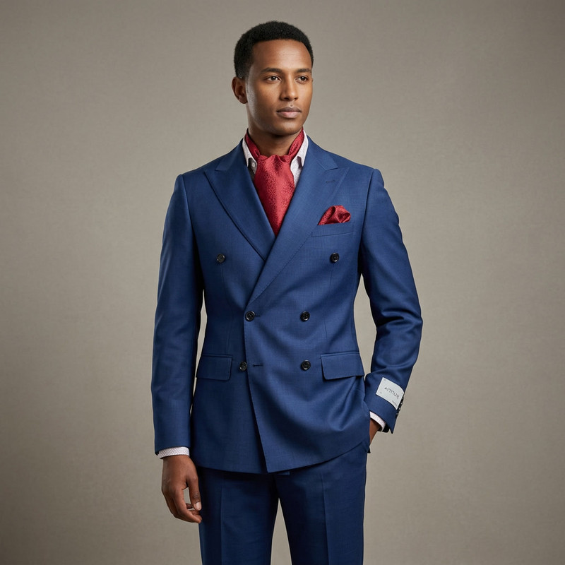 Man in a tailored burgundy suit jacket with matching trousers