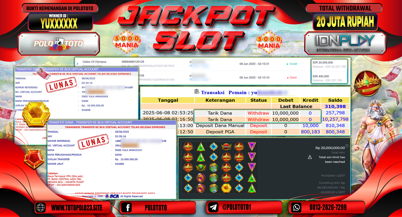 POLOTOTO JACKPOT SLOT GATES OF OLYMPUS Rp.20.000.000,-