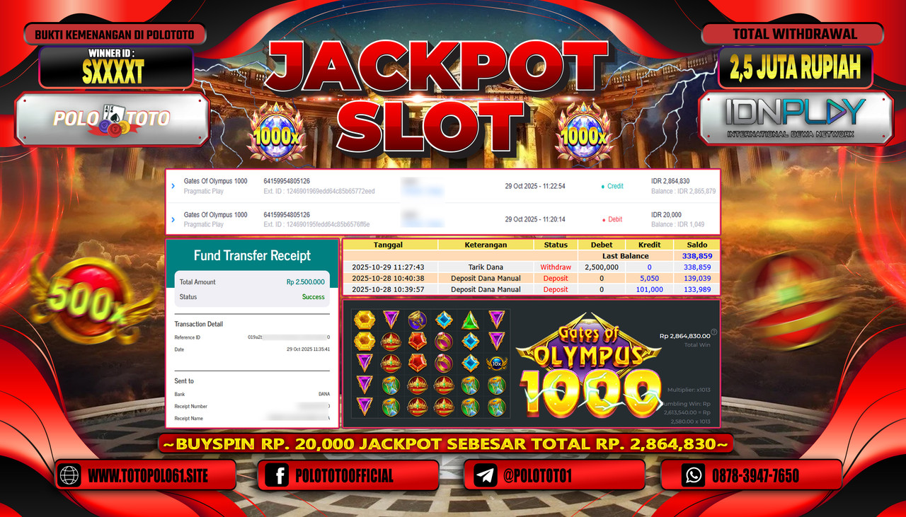 POLOTOTO JACKPOT SLOT GATES OF OLYMPUS 1000 Rp.2.500.000,- LUNAS
