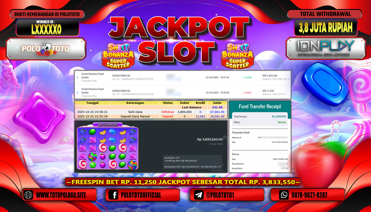 POLOTOTO JACKPOT SLOT SWEET BONANZA SUPER SCATTER Rp.3.800.000,- LUNAS
