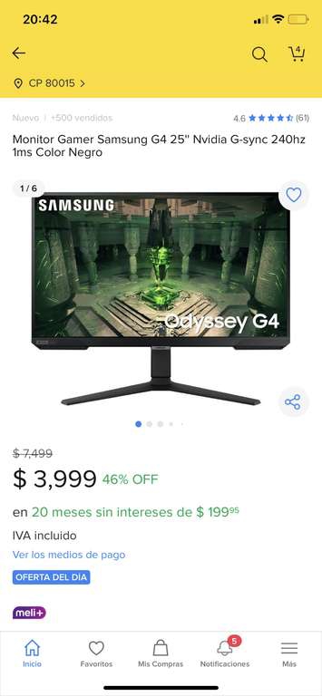 Mercado Libre: Monitor Gamer Samsung G4 25'' Nvidia G-sync 240hz 1ms Color Negro 
