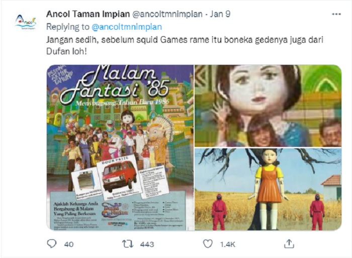 Jawaban kocak admin Twitter Ancol dalam menanggapi komentar warganet terkait spirit doll di Dufan.