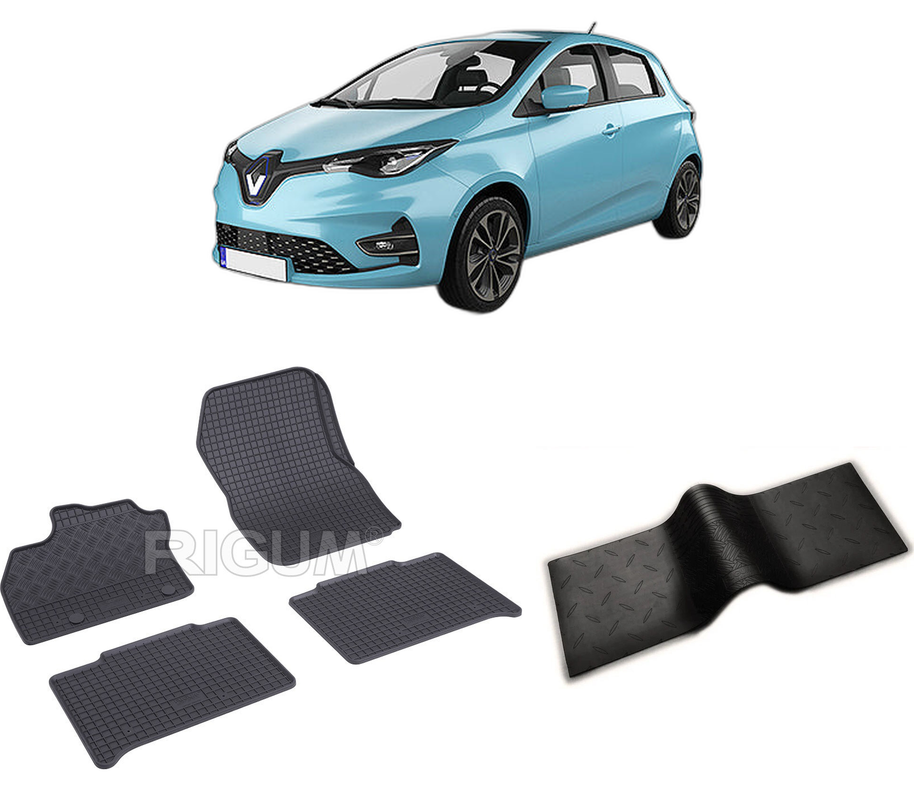 Set covorase auto RENAULT ZOE din 06.2019-PREZENT, cu covoras tunel median, CAROSERIE HATCHBACK FACELIFT, Presuri cauciuc 100%, compatibil cu autoturismul RENAULT ZOE, Rigum