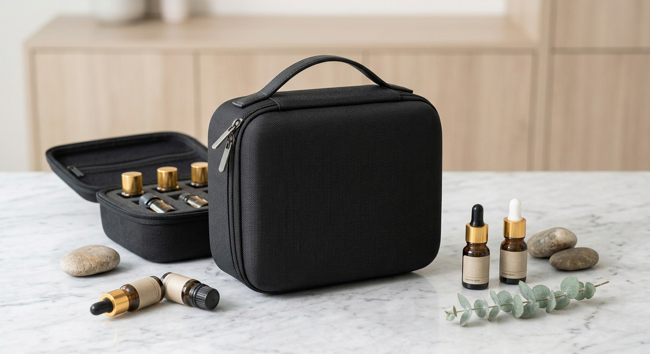 Premium custom essential oil bags and cosmetic cases designed for retail brands, featuring an opened organizer with EVA protection for bottles and a closed grey canvas case with a customizable logo patch. Overlaid text reads 'CUSTOM CASES, CURATED FOR BRANDS. Premium Custom Essential Oil Bags & Cosmetic Cases for Retail Growth' with feature tags and a 'BUILD YOUR COLLECTION' button.