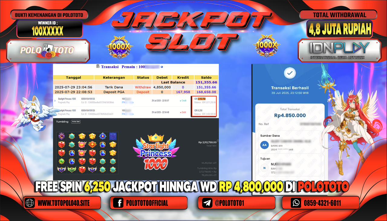POLOTOTO JACKPOT SLOT STARLIGHT PRINCESS 1000 Rp.4.800.000,-LUNAS