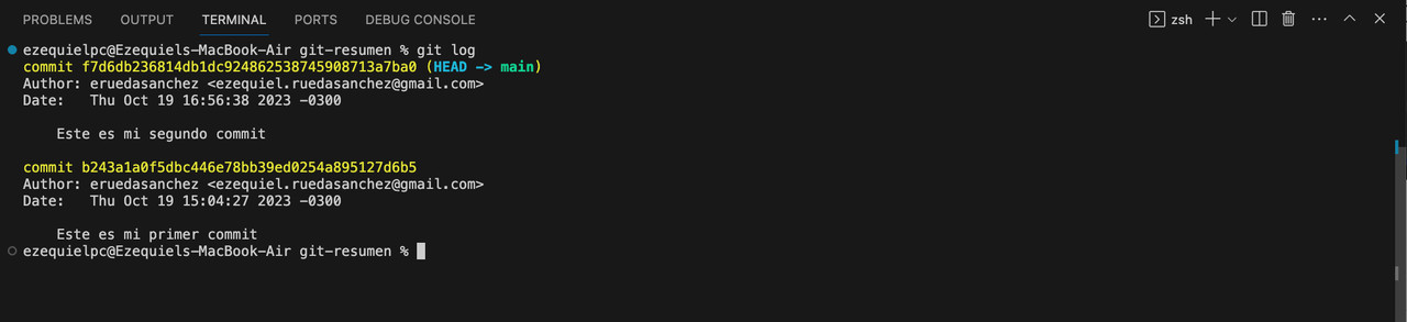 Ejecucion comando git log luego del segundo commit Git status y Git log