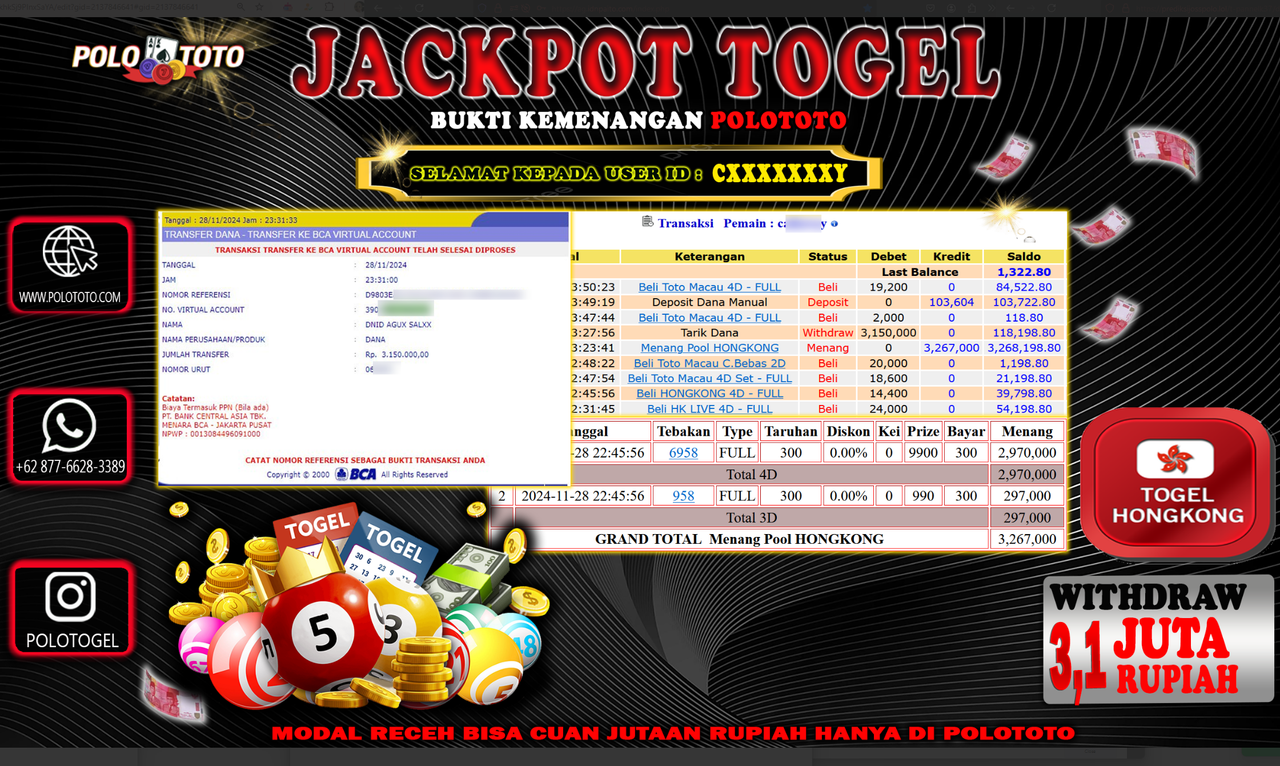 POLOTOTO JACKPOT TOGEL PASARAN HONGKONG Rp.3,150.000,-
