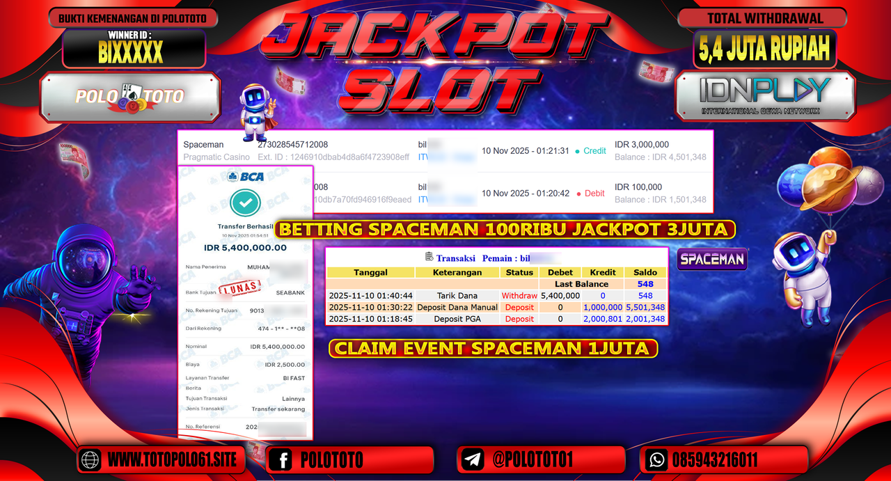 POLOTOTO JACKPOT SLOT SPACEMAN Rp.5.400.000,- LUNAS