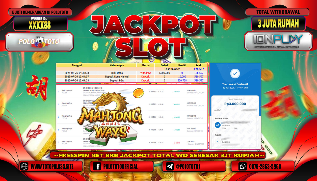 POLOTOTO JACKPOT SLOT MAHJONG WAYS Rp.3.000.000,-LUNAS