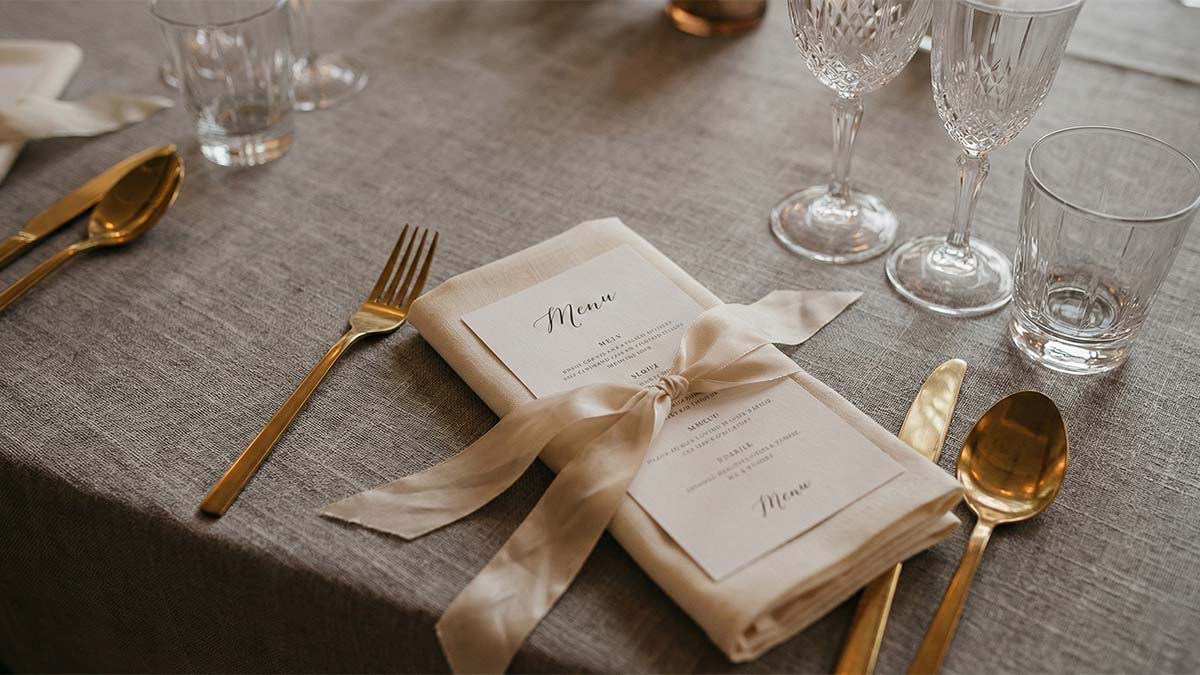 Детали сервировки: фактурная скатерть, салфетка и приборы