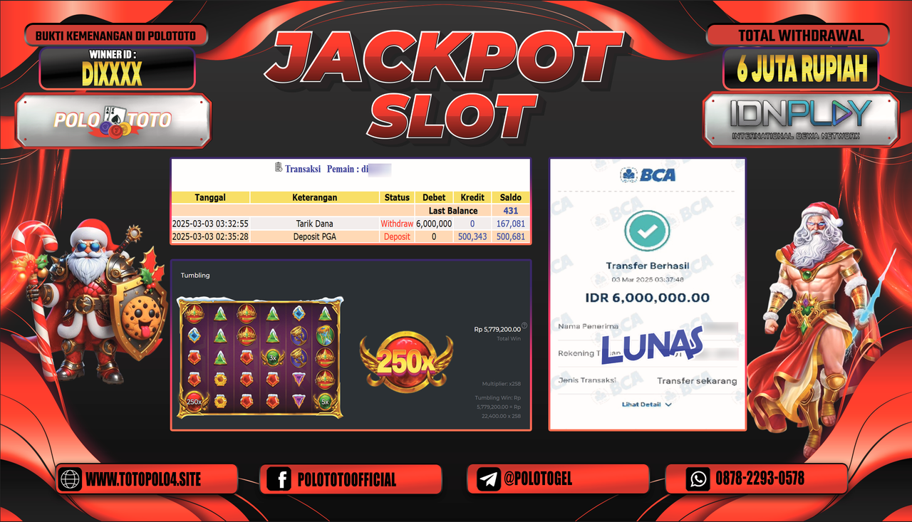 POLOTOTO JACKPOT SLOT GATES OF OLYMPUS Rp.6.000.000,-