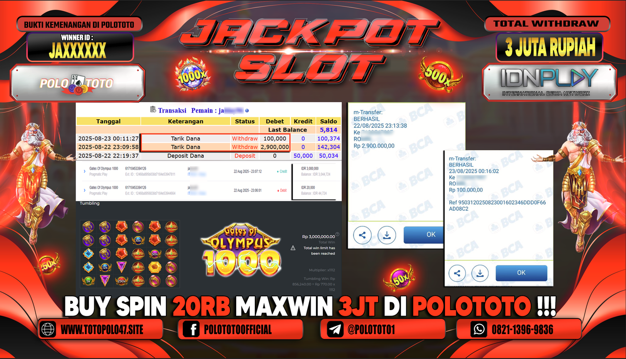 POLOTOTO JACKPOT SLOT GATES OF OLYMPUS 1000 Rp.3.000.000,-