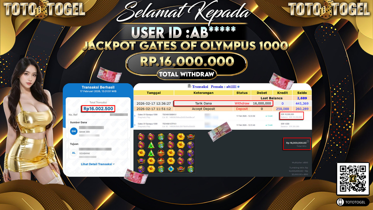 Bukti Pembayaran Jackpot Permainan Slot Gates Of Olympus 1000 ID:AB*****LUNAS