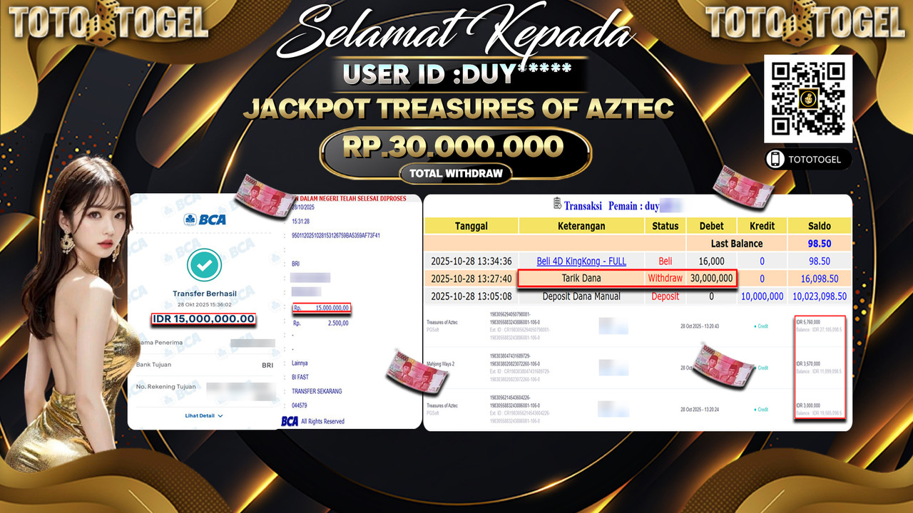 Bukti Pembayaran Jackpot Permainan Slot Treasures Of Aztec ID:DUY**** LUNAS