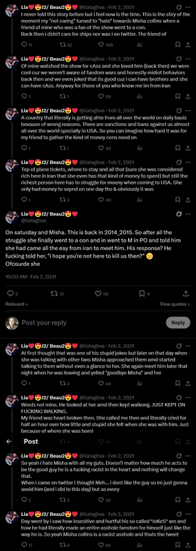 E. misha allegedly being racist towards a fan at a con