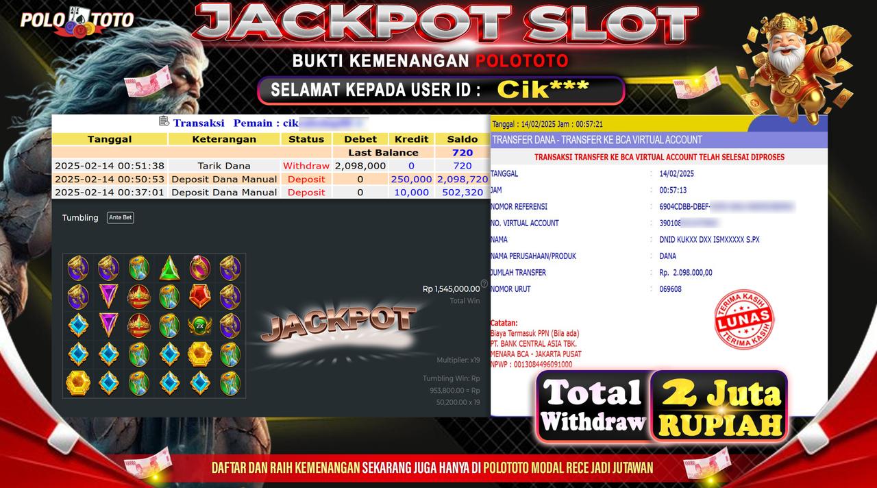 POLOTOTO JACKPOT SLOT GATES OF OLYMPUS Rp.2.098.000,-