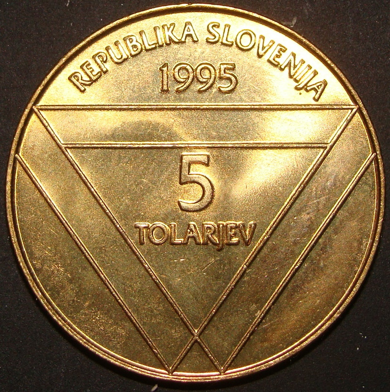 Eslovenia. Monedas conmemorativas de 5 Tolar (1993-1997) Completa. SLO-5-T-lar-Centenario-Aljazev-Stolp-anv