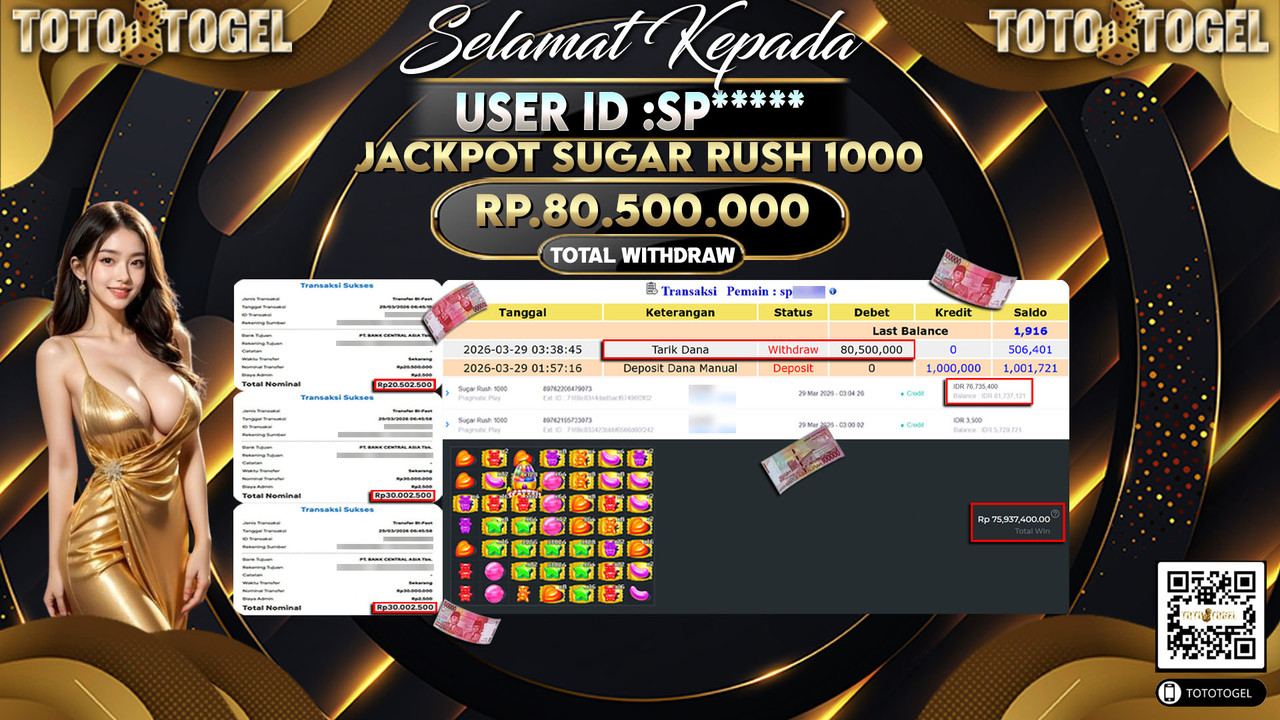 Bukti Pembayaran Jackpot Permainan Slot Sugar Rush 1000 ID:SP*****LUNAS