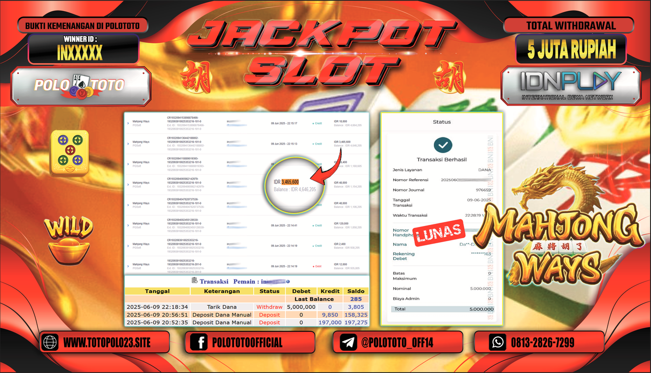 POLOTOTO JACKPOT SLOT MAHJONG WAYS Rp.5.000.000,-