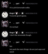 Nari explaining an alcoholic drink.