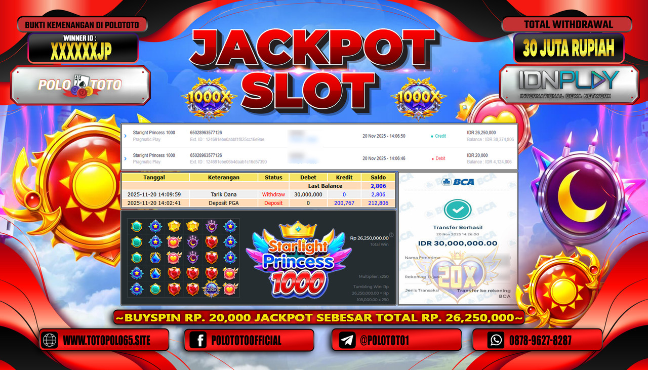 POLOTOTO JACKPOT SLOT STARLIGHT PRINCESS 1000 Rp.30.000.000,- LUNAS
