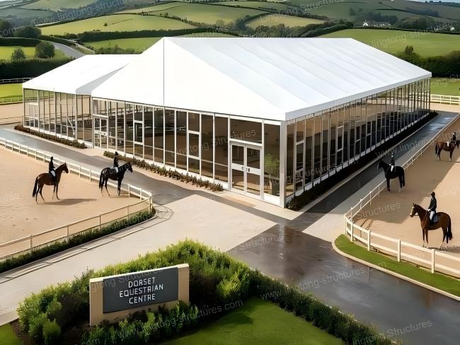 Equestrian tent in use as a year-round core training facility at Dorset Equestrian Centre