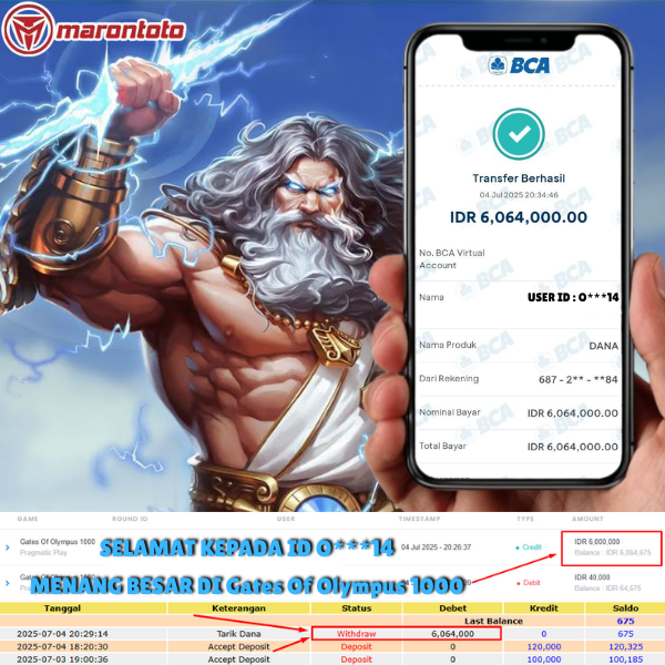 Bukti Kemenangan Member Marontoto Sebesar 6,064,000 JuTa