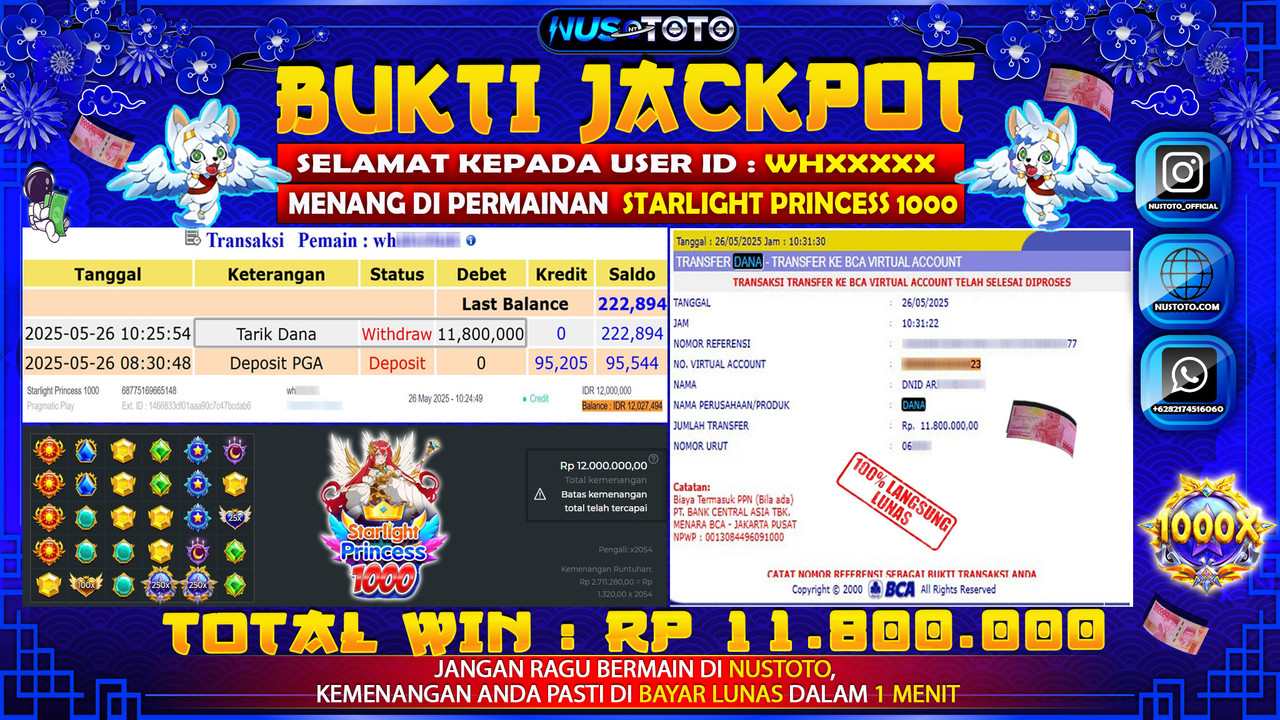 JACKPOT !! MENANG BESAR DI SLOT STARLIGHT PRINCESS 1000 Rp. 11.800.000 LANGSUNG DI BAYAR LUNAS NUSTOTO !!