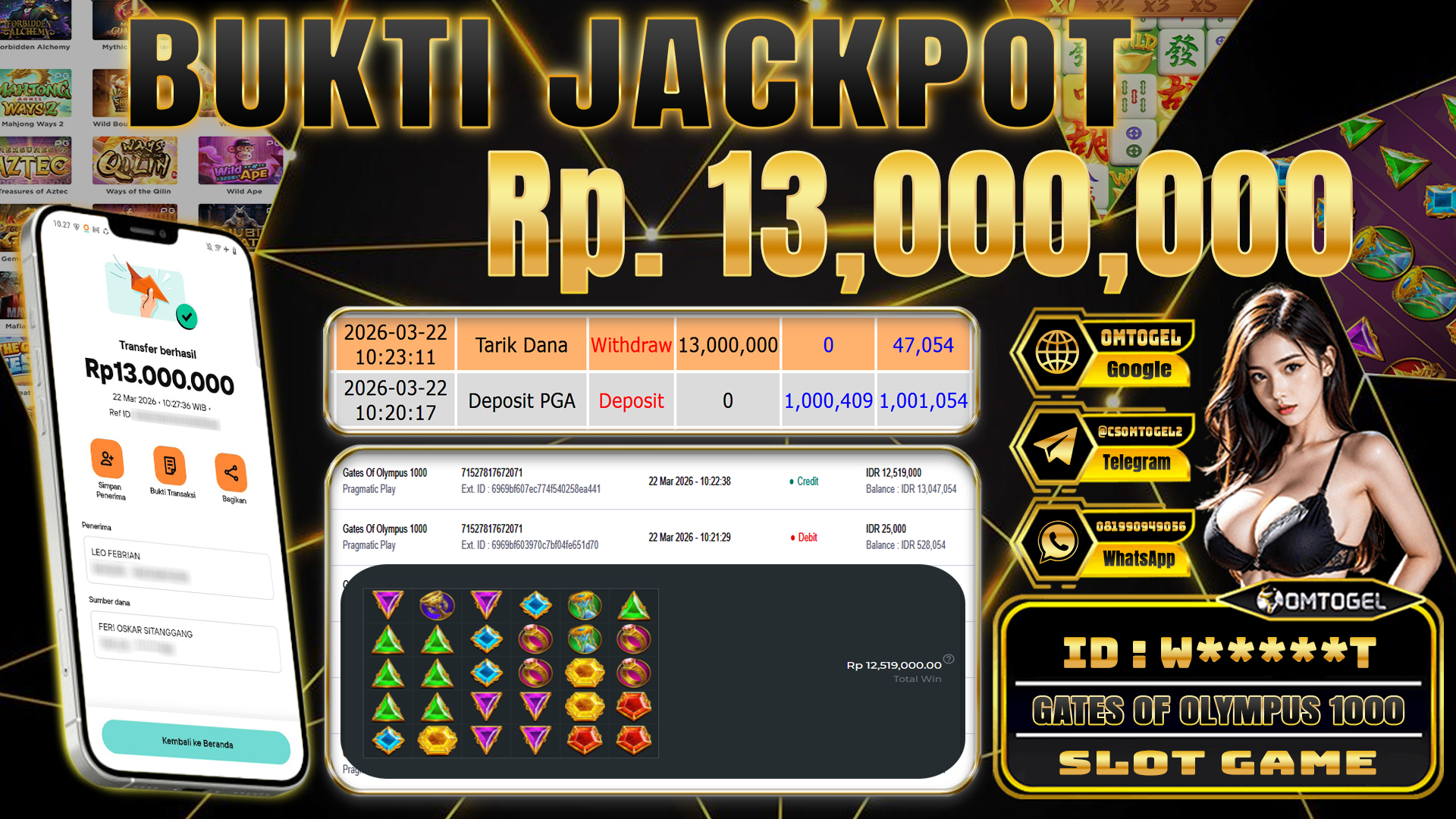 OMTOGEL JACKPOT PRAGMATIC PLAY GATES OF OLYMPUS 1000, 13 JUTA DI BAYAR LUNAS ,-