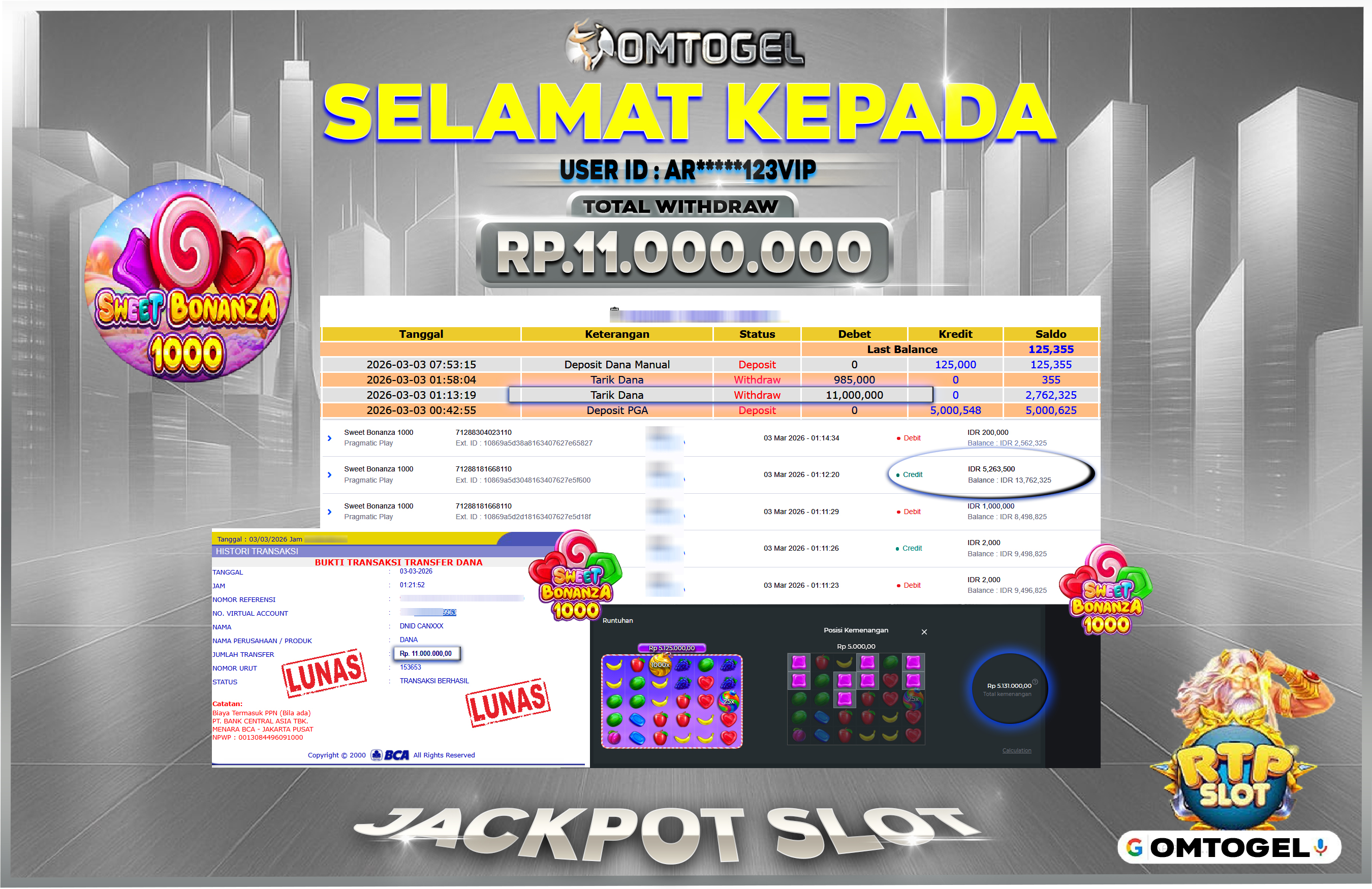 OMTOGEL JACKPOT PRAGMATIC PLAY SWEET BONANZA 1000 , 11 JUTA DI BAYAR LUNAS ,-